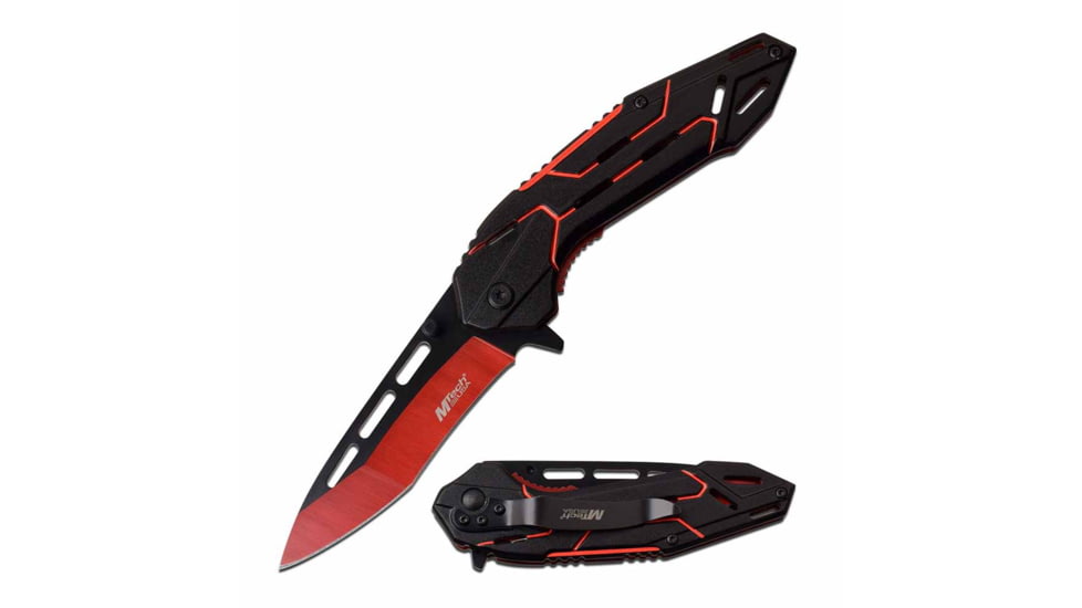 Mtech MT-A1054RD Spring Assisted Knife, 3.5in, 3CR13 Stainless Steel, Tanto, Red/Black Blade, Aluminum Handle, Black/Red, MT-A1054RD