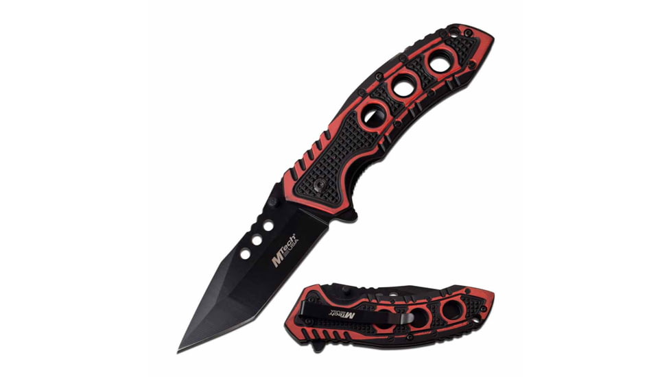 Mtech MT-A1059RD Spring Assisted Knife, 3.5in, 3CR13 Stainless Steel, Modified Tanto, Black Blade, Aluminum Handle, Black/Red, MT-A1059RD