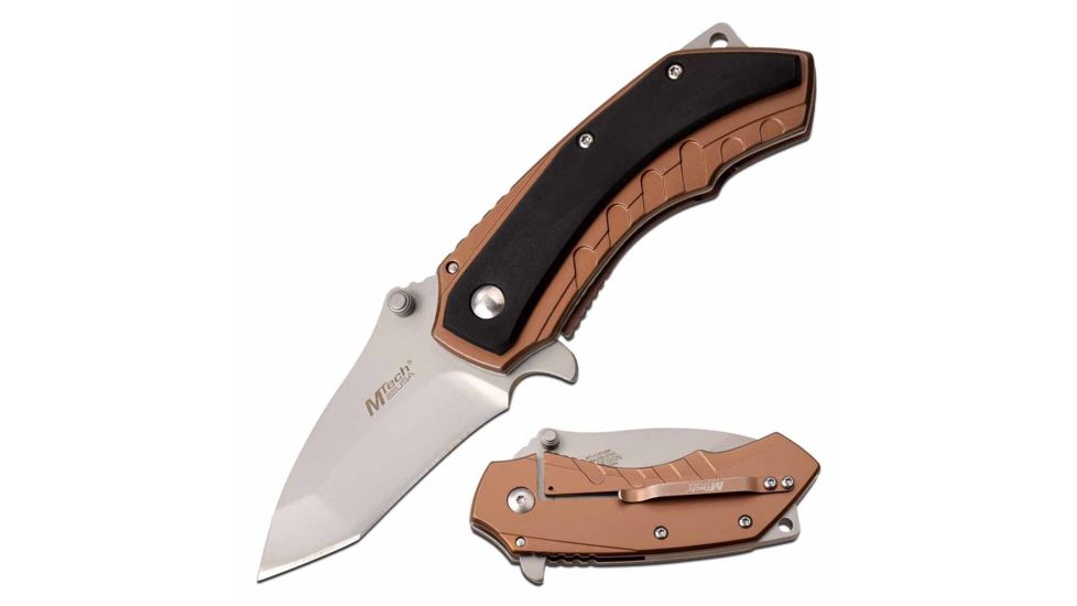 Mtech MT-A1074BK Spring Assisted Knife, 2.5in, 3CR13 Stainless Steel, Tanto, Steel Blade, Stainless Steel/Pakkawood Handle, Black/Bronze, MT-A1074BK