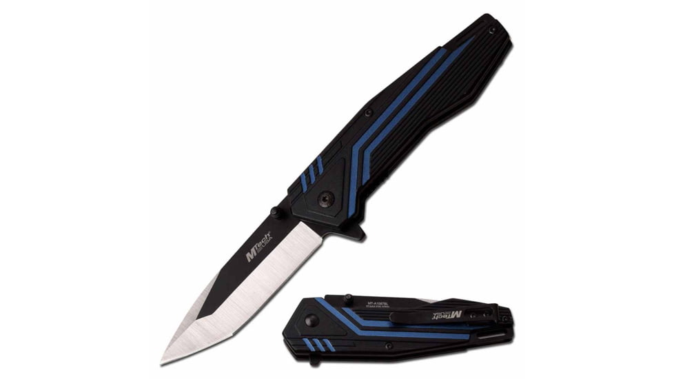 Mtech MT-A1087BL Spring Assisted Knife, 3.25in, 3CR13 Stainless Steel, Modified Tanto, Steel/Black Blade, Aluminum Handle, Black/Blue, MT-A1087BL