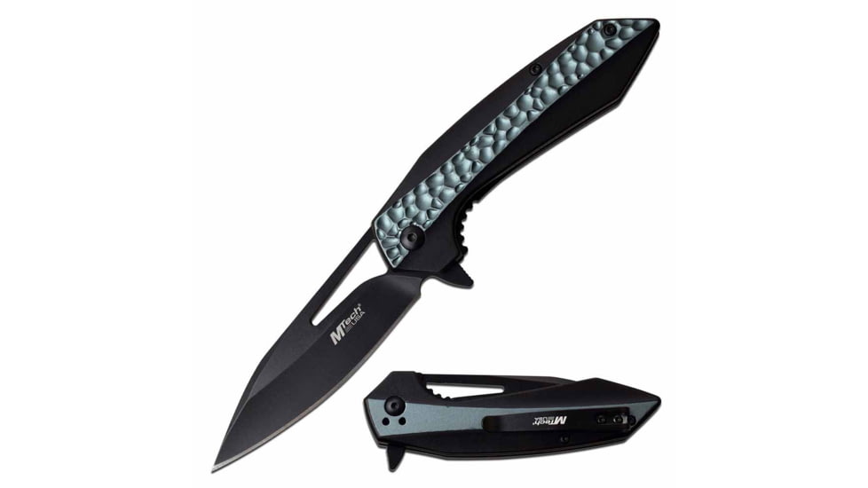 Mtech MT-A1090GY Spring Assisted Knife, 3.5in, 3CR13 Stainless Steel, Spear Point, Black Blade, Aluminum Handle, Gray/Black, MT-A1090GY