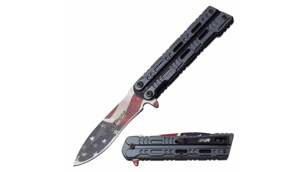 Mtech MT-A1123RBL Spring Assisted Knife, 3.5in, 3CR13 Stainless Steel, Spear Point, Printed Blade, Aluminum Handle, Blue/Rainbow, MT-A1123RBL