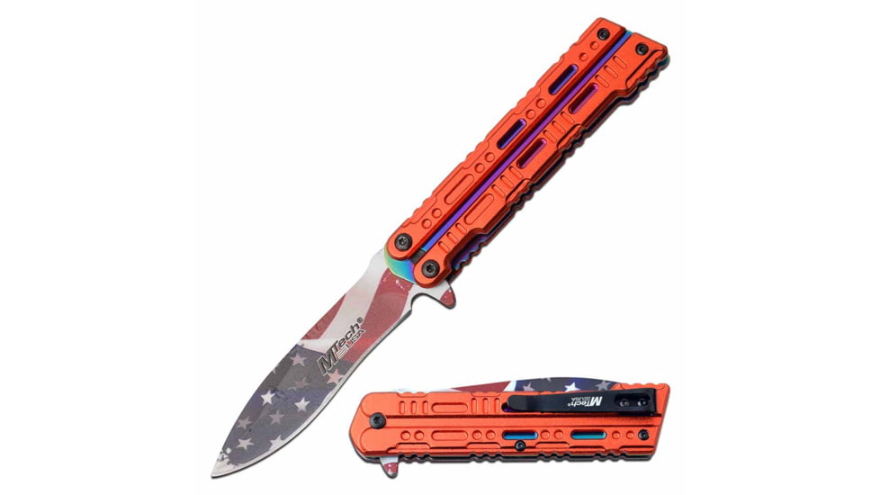 Mtech MT-A1123RRD Spring Assisted Knife, 3.5in, 3CR13 Stainless Steel, Spear Point, Printed Blade, Aluminum Handle, Red/Rainbow, MT-A1123RRD