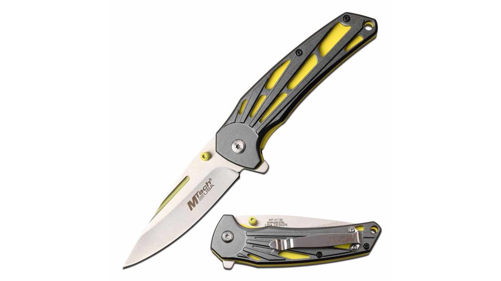 Mtech MT-A1138YL Spring Assisted Knife, 3.5in, 3CR13 Stainless Steel, Drop Point, Steel Blade, Aluminum Handle, Gray/Yellow, MT-A1138YL
