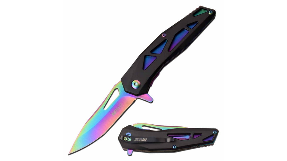Mtech MT-A1141RB Spring Assisted Knife, 3in, 3CR13 Stainless Steel, Spear Point, Rainbow Blade, Aluminum Handle, Black/Rainbow, MT-A1141RB