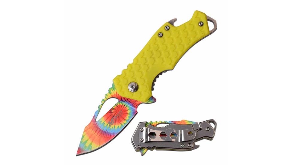 Mtech MT-A882TYL Spring Assisted Knife, 2.25in, 3CR13 Stainless Steel, Clip Point, Color Transfer Blade, Nylon Fiber Handle, Yellow, MT-A882TYL