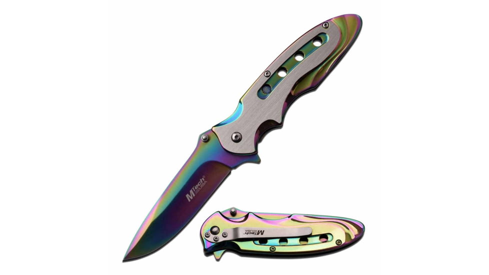 Mtech MT-A960RB Spring Assisted Knife, 3.75in, 3CR13 Stainless Steel, Spear Point, Rainbow Blade, Stainless Steel Handle, Rainbow/Satin, MT-A960RB