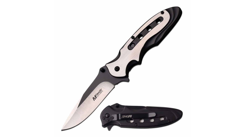 Mtech MT-A960SB Spring Assisted Knife, 3.75in, 3CR13 Stainless Steel, Spear Point, Satin/Black Blade, Stainless Steel Handle, Black/Satin, MT-A960SB