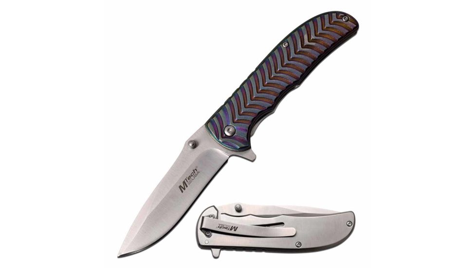 Mtech MT-A990RB Spring Assisted Knife, 3.5in, 3CR13 Stainless Steel, Spear Point, Satin Blade, Stainless Steel Handle, Rainbow/Satin, MT-A990RB