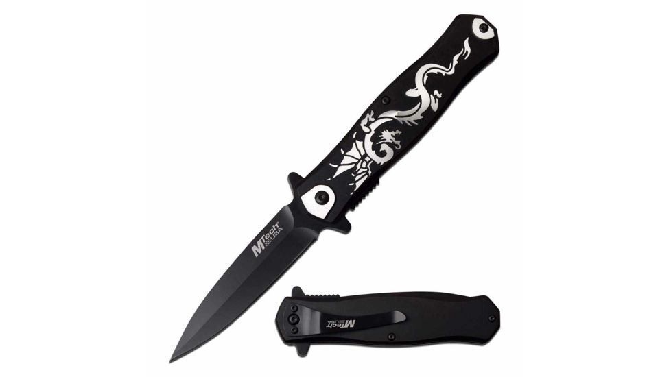 Mtech MT-A991DBK Spring Assisted Knife, 3.5in, 3CR13 Stainless Steel, Dagger, Black Blade, Aluminum Handle w/ Dragon Design, Black, MT-A991DBK