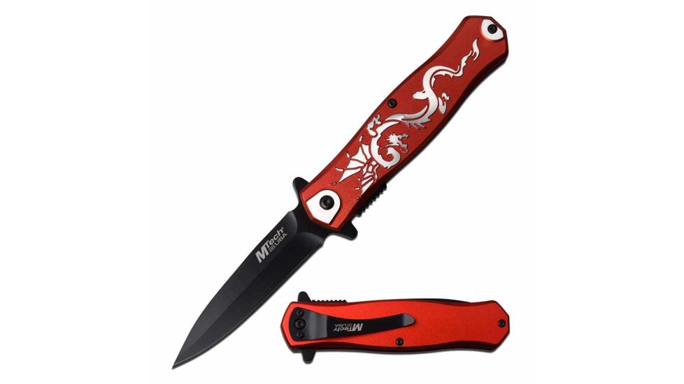 Mtech MT-A991DRD Spring Assisted Knife, 3.5in, 3CR13 Stainless Steel, Dagger, Black Blade, Aluminum Handle w/ Dragon Design, Red, MT-A991DRD
