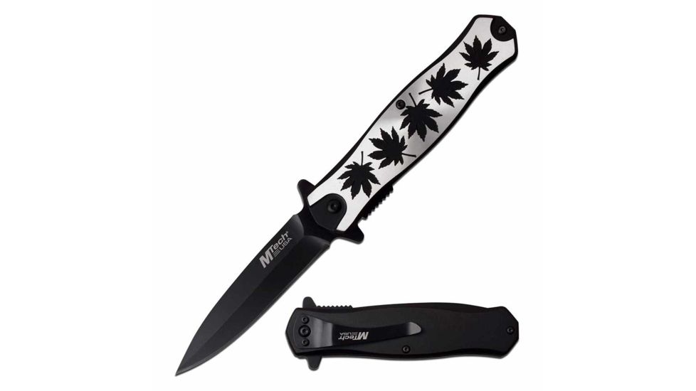 Mtech MT-A991MBK Spring Assisted Knife, 3.5in, 3CR13 Stainless Steel, Dagger, Black Blade, Aluminum Handle w/ Maple Leaf Design, Black/Aluminum, MT-A991MBK