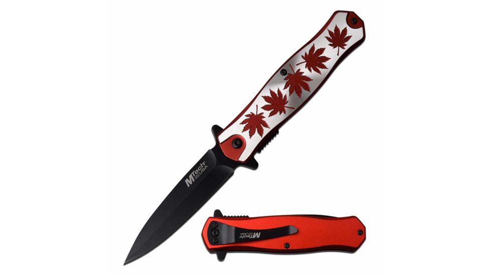 Mtech MT-A991MRD Spring Assisted Knife, 3.5in, 3CR13 Stainless Steel, Dagger, Black Blade, Aluminum Handle w/ Maple Leaf Design, Red/Aluminum, MT-A991MRD