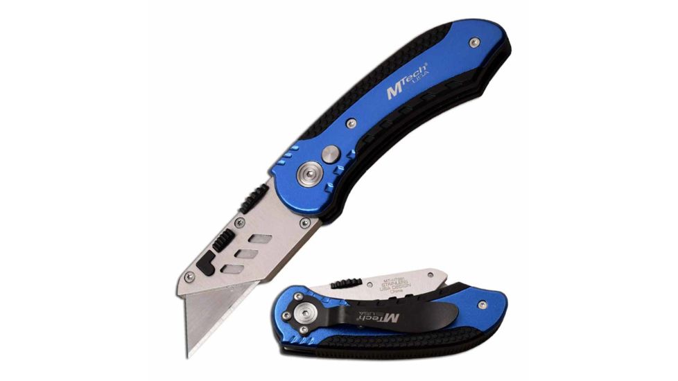 Mtech MT-UT001BL Manual Folding Knife, 2.5in, SK5 High Carbon Steel, Straight Edge, Steel Blade, Aluminum/Rubber Handle, Blue/Black, MT-UT001BL