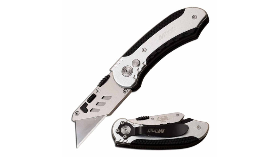 Mtech MT-UT001SL Manual Folding Knife, 2.5in, SK5 High Carbon Steel, Straight Edge, Steel Blade, Aluminum/Rubber Handle, Silver/Black, MT-UT001SL