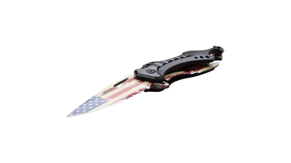 Mtech Patriotic Assisted Knife w/Bottle Opener, 3.5 in, 3Cr13 Stainless Steel Stainless Steel, Drop Point, USA Flag, MT-A705AF