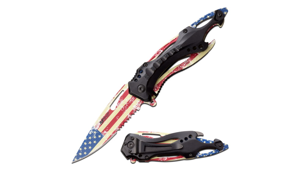 Mtech Patriotic Assisted Knife w/Bottle Opener, 3.5 in, 3Cr13 Stainless Steel Stainless Steel, Drop Point, USA Flag, MT-A705AF