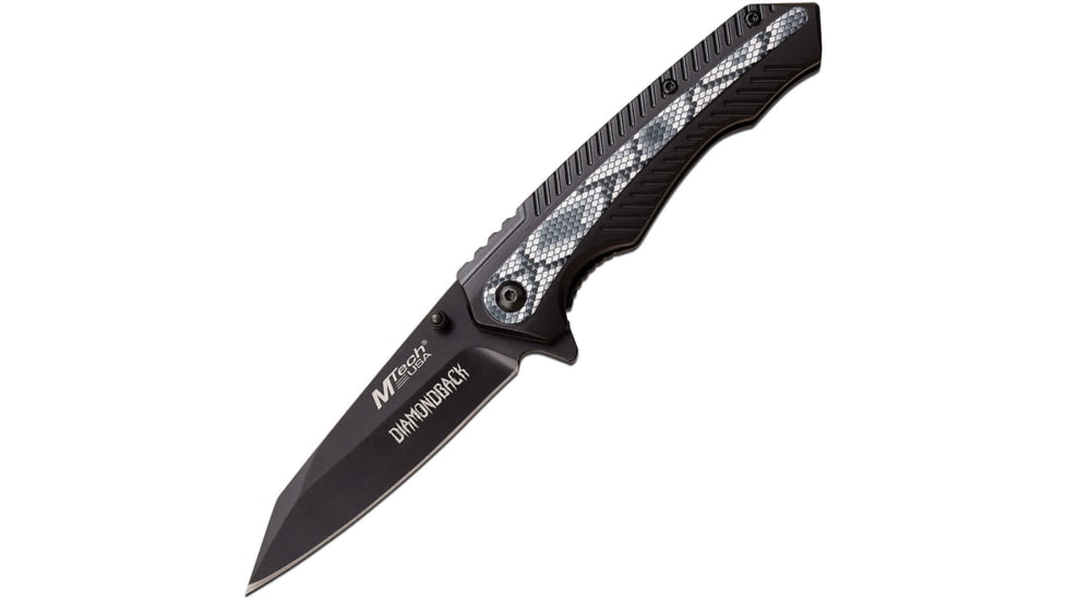 Mtech Snake Linerlock A/O Folding Knife, 3.5 black finish 3Cr13 stainless blade, Gray artwork, Black anodized aluminum handle, MT-A1112GY