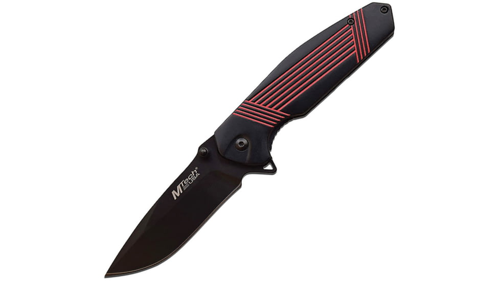 Mtech Stripe Framelock A/O Folding Knife, 3.5 black finish 3Cr13 stainless blade, Black and red anodized aluminum handle, MT-A1137BRD