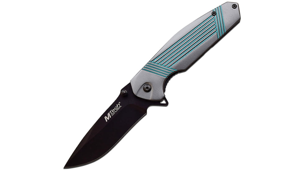 Mtech Stripe Framelock A/O Folding Knife, 3.5 black finish 3Cr13 stainless blade, Gray and teal anodized aluminum handle, MT-A1137GTQ