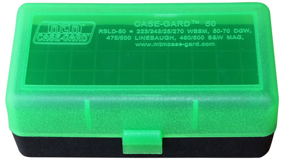 MTM Case-Gard 50 Flip Top Rifle Ammo Box For WSSM And .500 S&amp;W Mech Hinge, Clear Green/Black