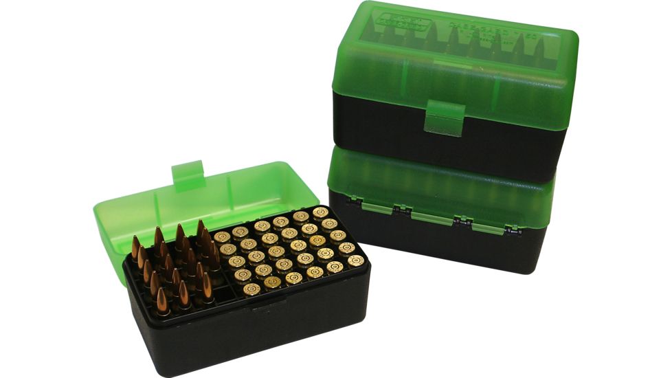 MTM Case-Gard 50 Rifle Ammo Boxes .220 Swift To .458 Winchester Mechanical Hinge Clear Green/Black
