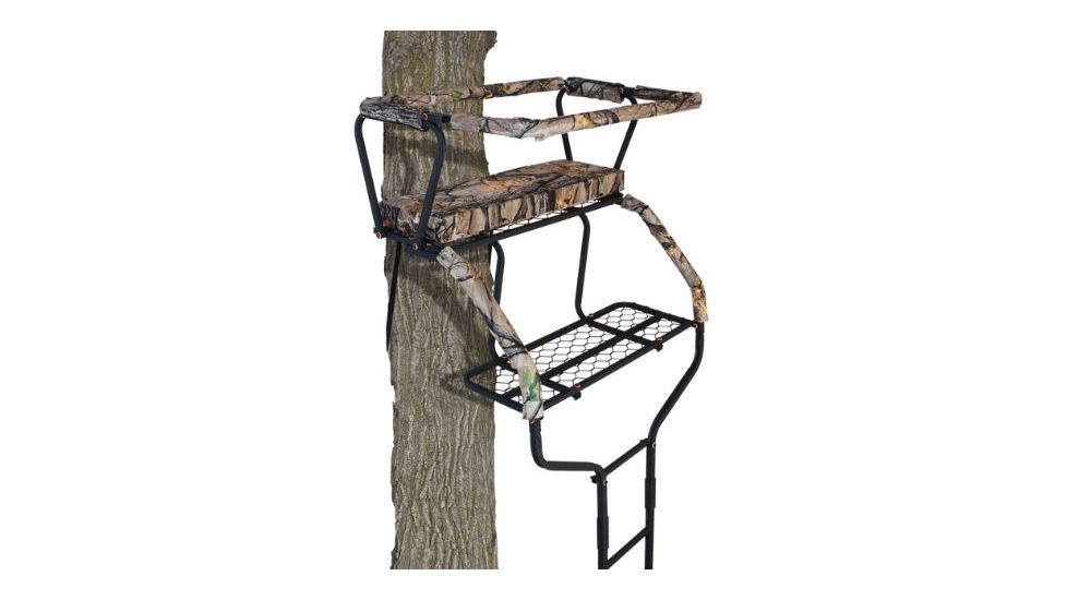 Muddy Commander Ladderstand, includes 1-1in Ratchet Strap, 2-1in Stabilizer Straps, 2-Full Body Arrest Harnesses, Adjustable Support Bar, Padded, Flip-Back Shooting Rail, Black/Camo MLS2100