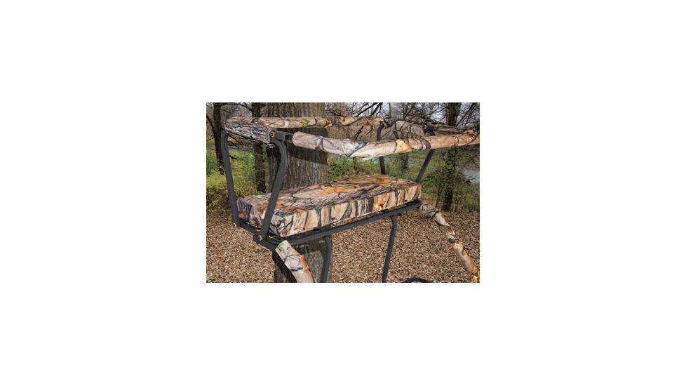 Muddy Commander Ladderstand, includes 1-1in Ratchet Strap, 2-1in Stabilizer Straps, 2-Full Body Arrest Harnesses, Adjustable Support Bar, Padded, Flip-Back Shooting Rail, Black/Camo MLS2100