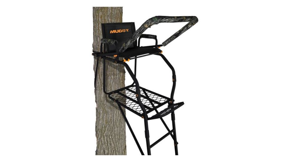 Muddy Huntsman Ladderstand, 1-1in Ratchet Strap, Stabilizer Straps, Adjustable Support Bar, Full Body Arrest Harness, Adjustable Padded Shooting Rail that flips back, Black/Camo, MLS1200
