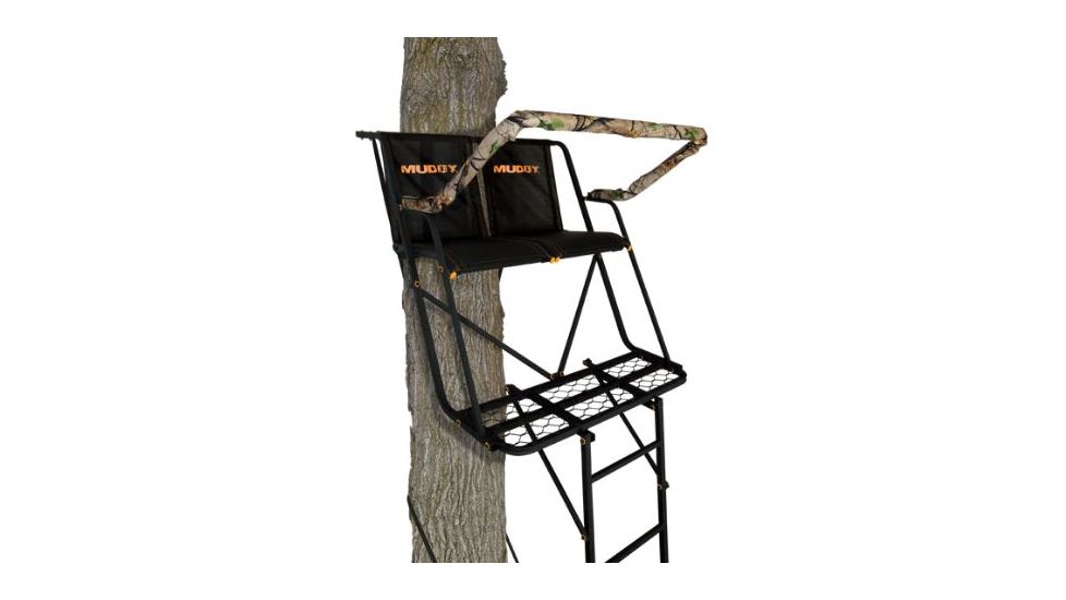 Muddy Side-Kick 2-Man Ladderstand, includes 1-1in Ratchet Strap, 2-1in Stabilizer Straps, 2-Full Body Arrest Harnesses, Adjustable Support Bar, Padded, Flip-Back Shooting Rail, Black/Camo MLS2200