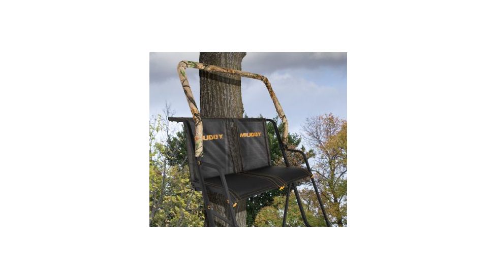 Muddy Side-Kick 2-Man Ladderstand, includes 1-1in Ratchet Strap, 2-1in Stabilizer Straps, 2-Full Body Arrest Harnesses, Adjustable Support Bar, Padded, Flip-Back Shooting Rail, Black/Camo MLS2200