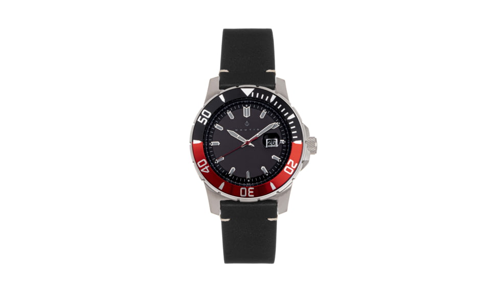Nautis Nautis Dive Pro 200 Leather-Band Watch w/Date, Black &amp; Red, One Size, GL1909-C