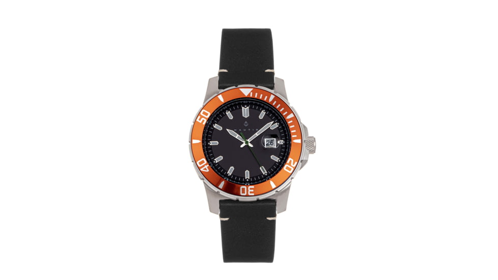 Nautis Nautis Dive Pro 200 Leather-Band Watch w/Date, Orange/Black, One Size, GL1909-H