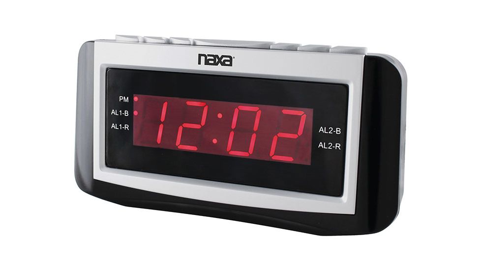 Naxa Digital Dual Alarm Clock with Radio and Large LED Display, Black/Silver NRC171