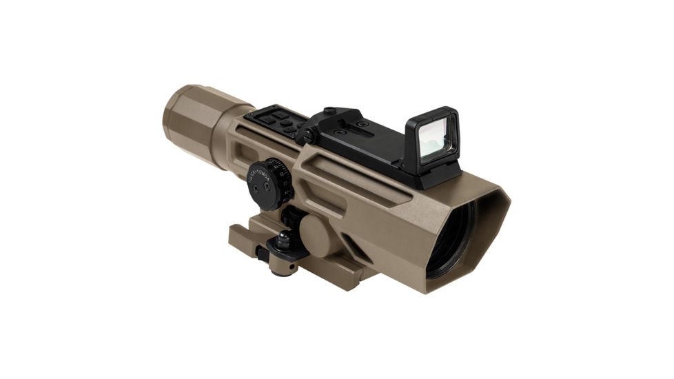 NcSTAR ADO 3-9X42 Scope w/Flip Up Red Dot Optic,Intergrated Red Dot,P4 Sniper Reticle,Red/Blue Illumination, Tan, VADOTP3942G