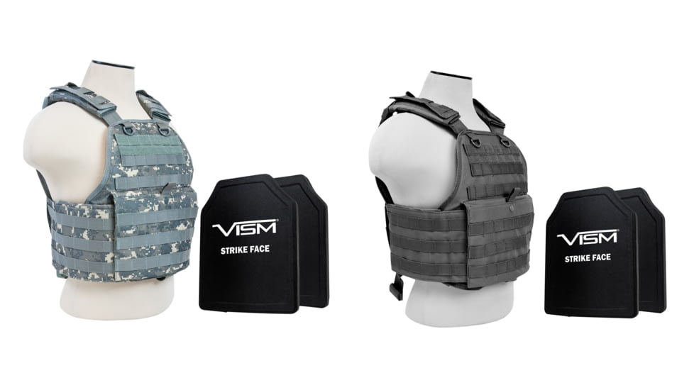NcSTAR Plate Carrier Vest w/Two 10x12in Shooters Cut Hard PE Ballistic Panels, Digital Camo, Urban Gray