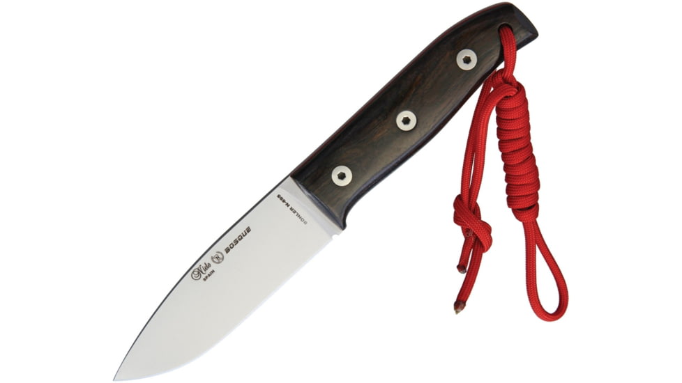 Nieto Bosque Fixed Blade Grenadill Fixed Blade Knife, 8in Overall, 4in Satin Bohler N695 SS Drop Point, Grenadill Wood Handle, Red Cord Lanyard, Brown Leather Belt Sheath, 145-G