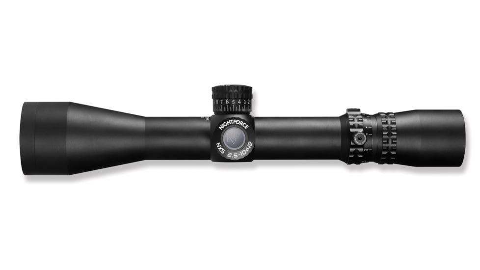 NightForce NXS Compact Rifle Scope, 2.5-10x42mm, 30mm Tube, SFP, Illuminated MIL-R Reticle, Black, C461