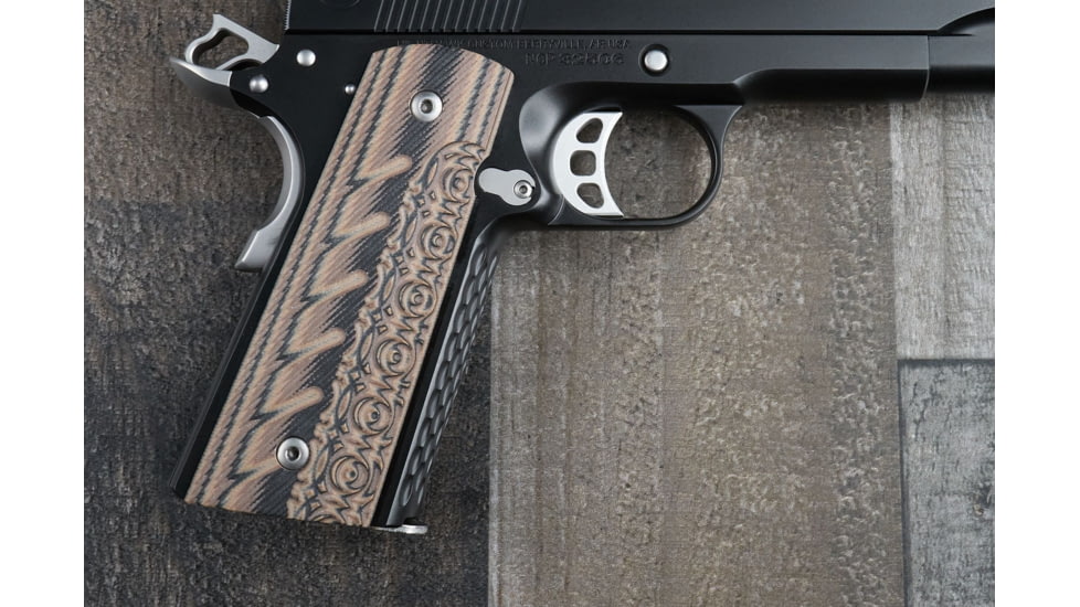 Nighthawk Custom Aztec/320 G10 Grips, Thin Style, Hyena Brown, Ambi Cut, Flat Bottom, Gov., Signature Series Recon, G150