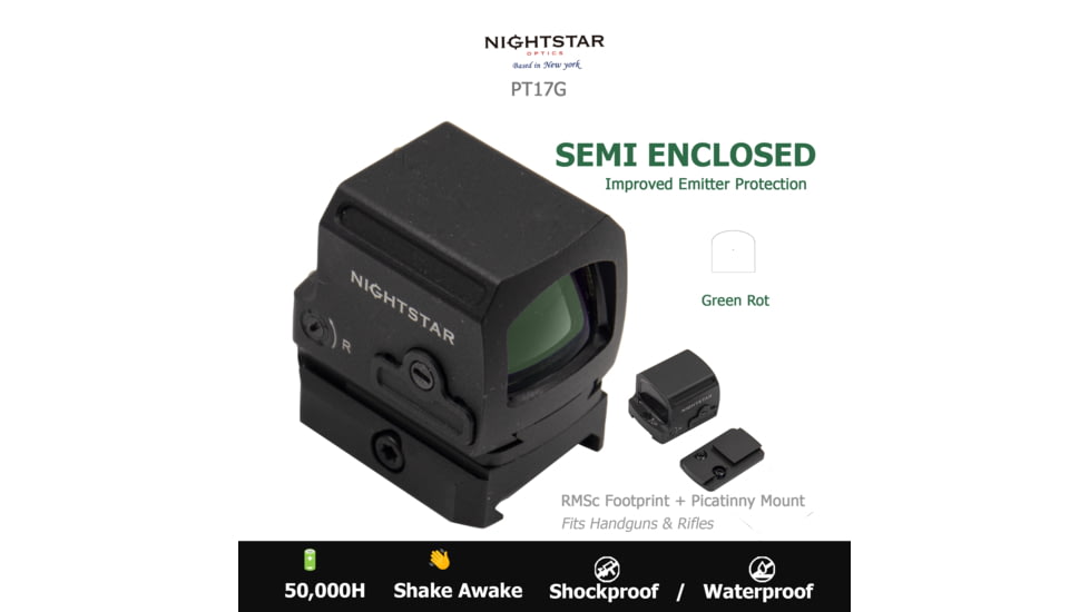NightStar PT17G Reflex Red Dot Sight, 1x17mm, 0.86x0.67in, Black, PT17G