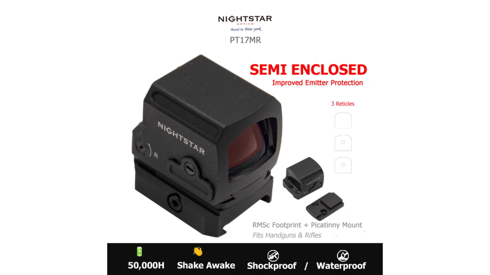 NightStar PT17MR Reflex Red Dot Sight, 1x17mm, 0.86x0.67in, 3 MOA Dot, Circle Dot, Circle, Black, PT17MR