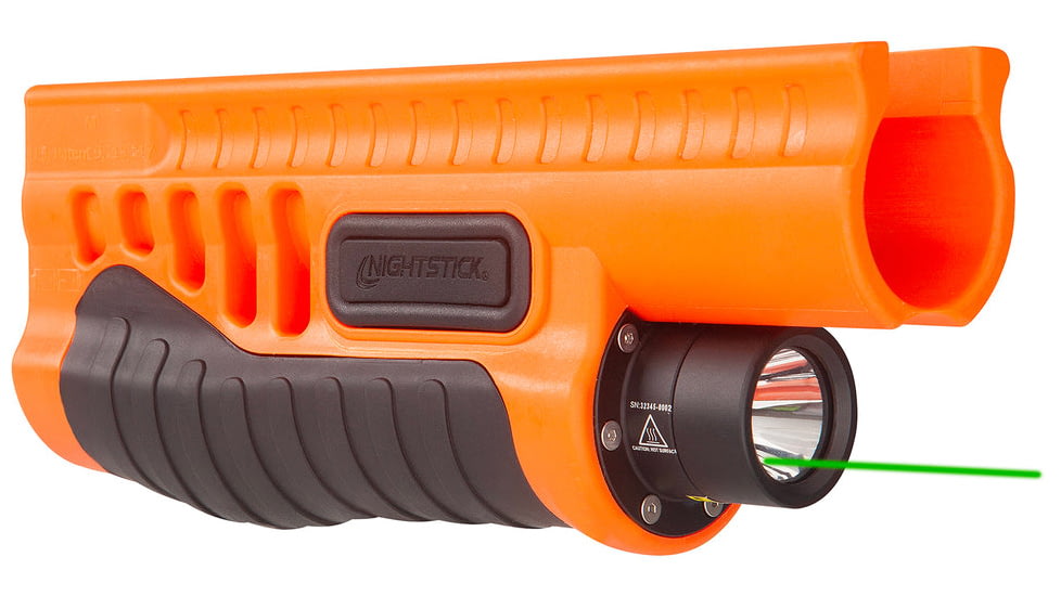 Nightstick Shotgun Forend Light For Mossberg 500/590/Shockwave w/ Green Laser, Less-Lethal Orange, SFL-12GL