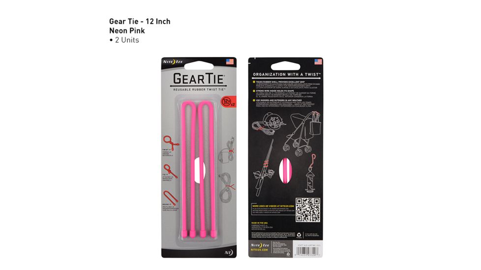 Nite Ize Gear Tie 12in,Pack of 2,Neon Pink GT12-2PK-35