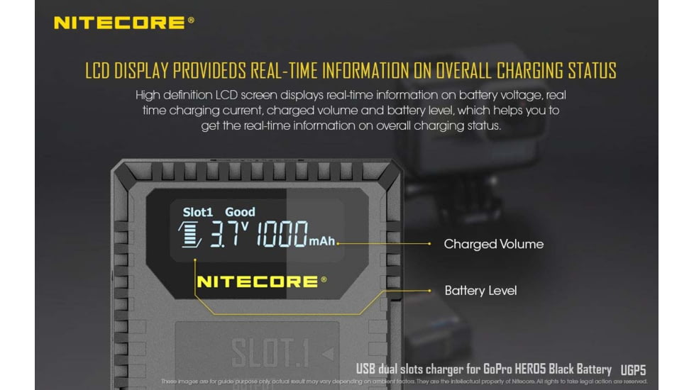Nitecore Battery Charger, GoPro Hero 5 Black Li-ion, 2 Channels, 750 mA Max Charge Current, Black, UGP5