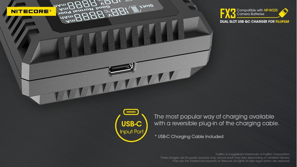 Nitecore FX3 2-Slot USB-C QC Battery Charger for Fujifilm X-T4, Black, 6952506494378