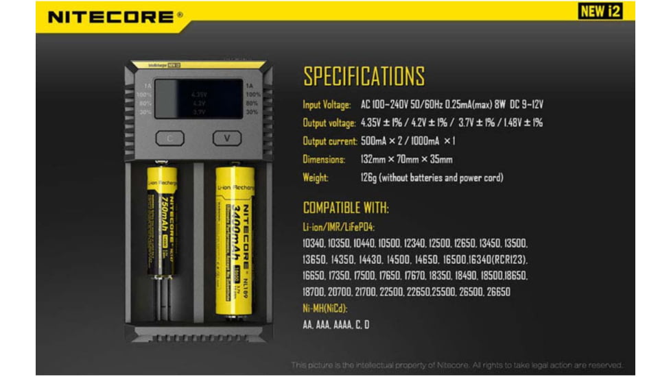 Nitecore I2 Intellicharger 2-Slot Universal Battery Charger, Black, 6952506491384
