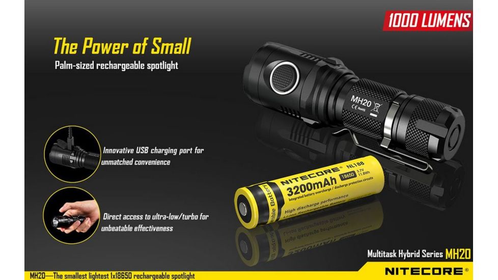 Nitecore MH20 Rechargeable CREE XM-L2 U2 LED Flashlight,1000 Lumens, Black NITECORE-MH20