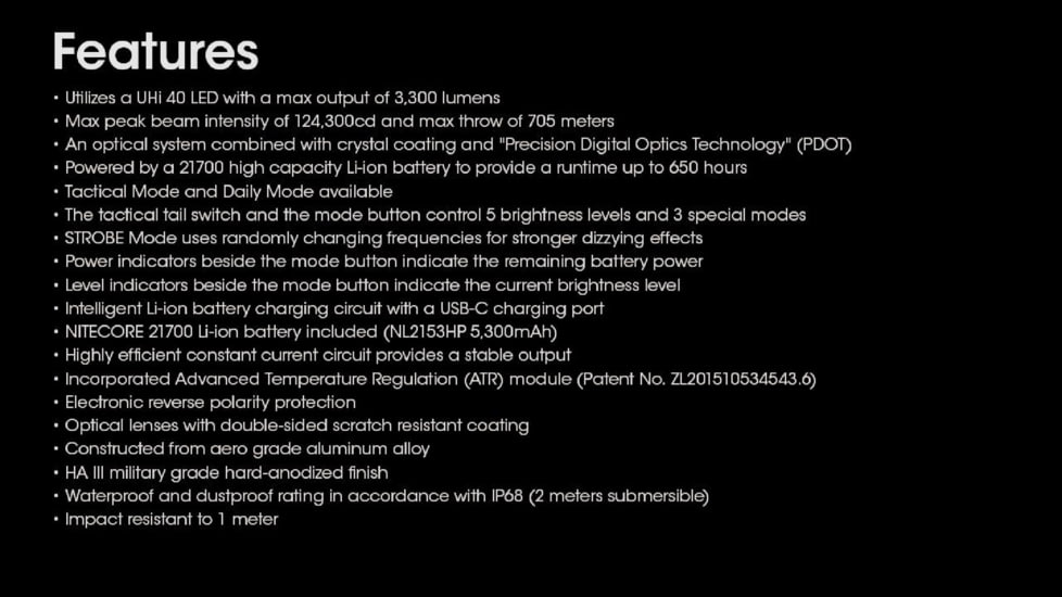 Nitecore MH25 Pro UHi40 LED Rechargeable Flashlight, 3300 Lumens, Black, FL-NITE-MH25PRO
