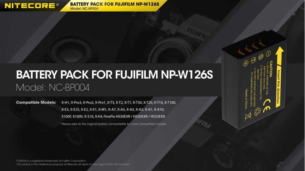 Nitecore NC-BP004 Camera Battery Compatible with Fujifilm NP-W126S, Black, 6952506494552