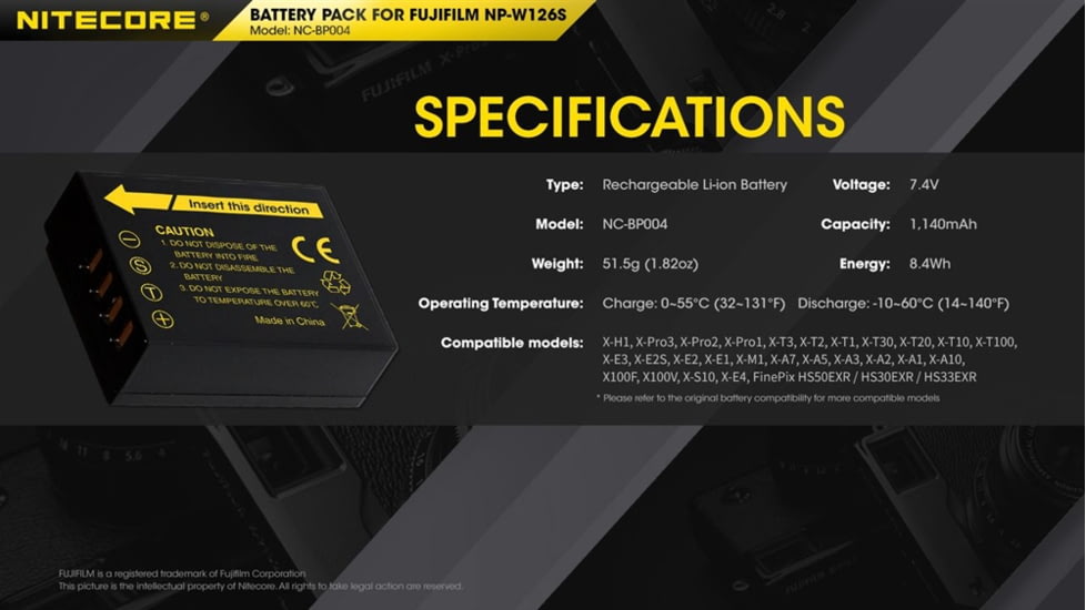 Nitecore NC-BP004 Camera Battery, Fujifilm NP-W126S, Black, 6952506494552